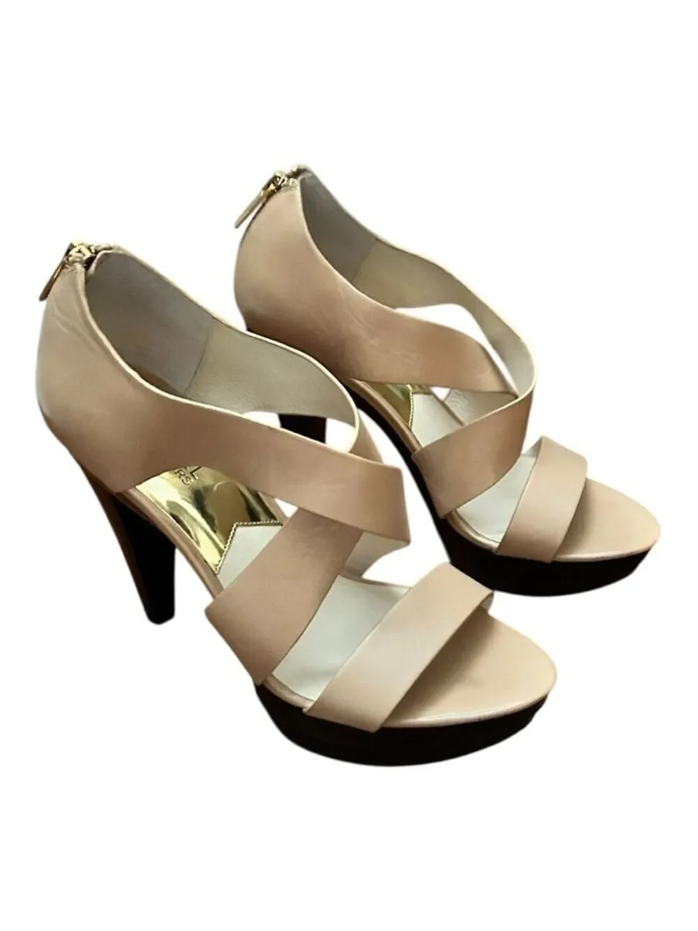 MICHAEL KORS Elena Platform Back Zipper Tan Beige Leather Heels Size 7.5 NWOT